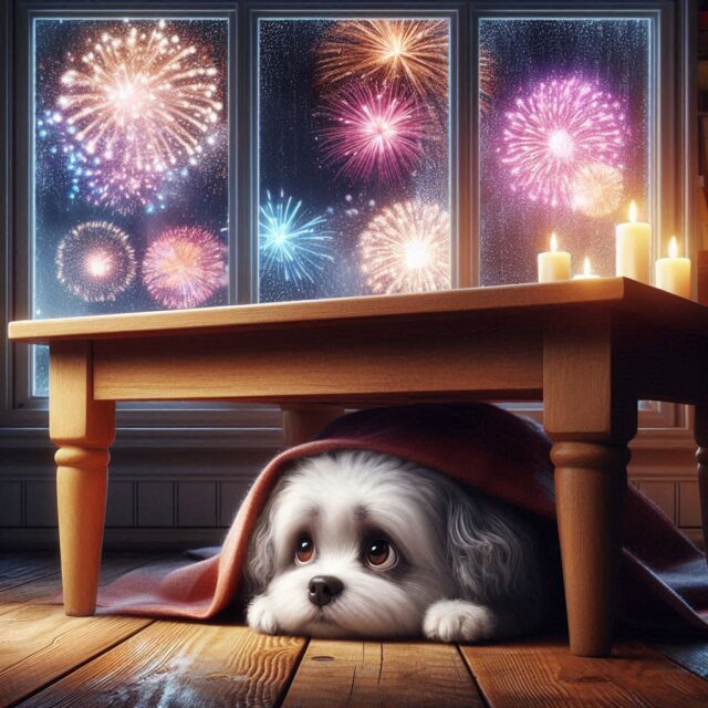 Dog Scared of Fireworks, hiding under table